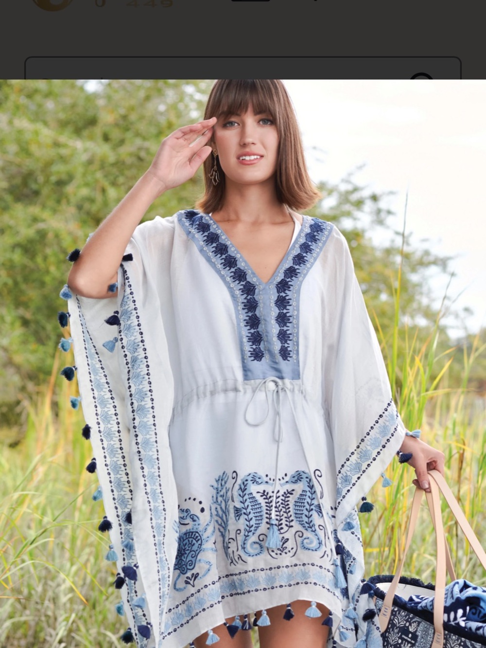 Spartina 449 Blue and White Palm Tree Boho Tie-Waist Tassel Coverup Dress small